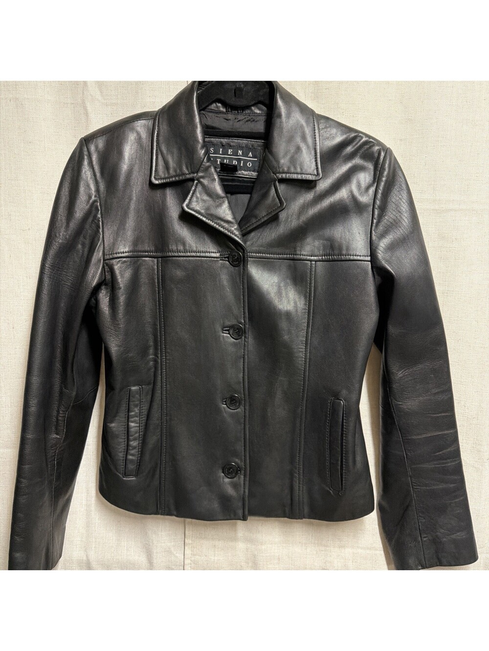Siena Studio Womens Black Leather Button Front Jacket Size S